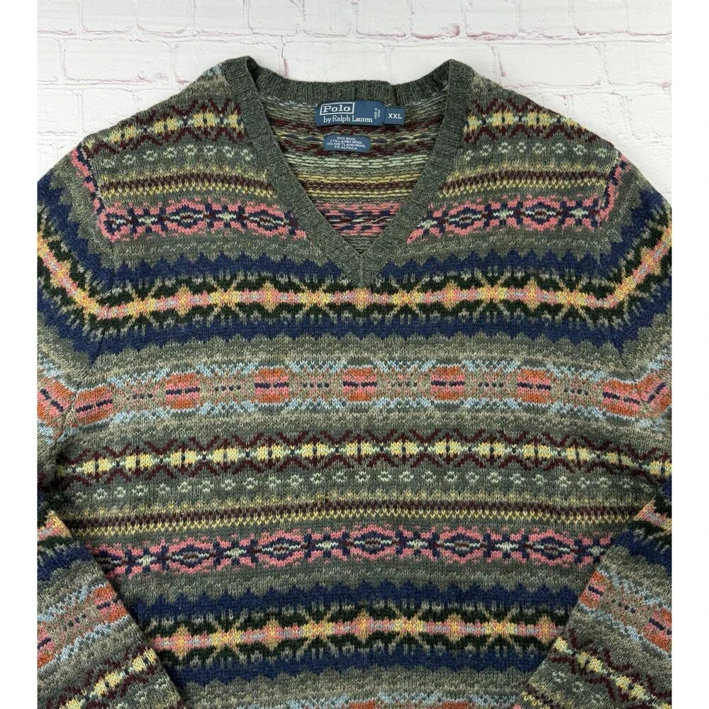 Polo Ralph Lauren Sz XXL Vintage Fair Isle Nordic Wool Knit V-Neck Sweater
